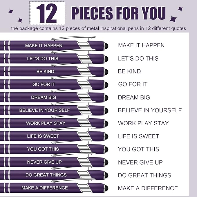 Zonon 12 Pcs Inspirational Pens Gift Set Funny Ballpoint Pen with Stylus Tip Motivational Graduation Gifts Bulk for Teacher Coworkers Nurse School Office Supplies(Dark Purple,Motivational Style)