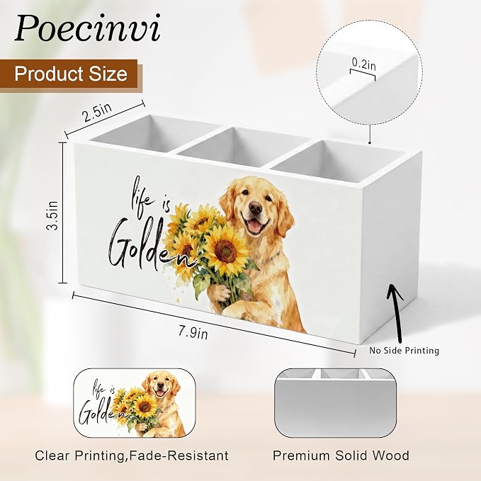 Sunflower Golden Retriever Pen Holder for Home Office Desk, Golden Retriever Gifts for Women, Life Is Golden Humorous Wooden Box Sign Pencil Holder for Desk Shelf Organizer