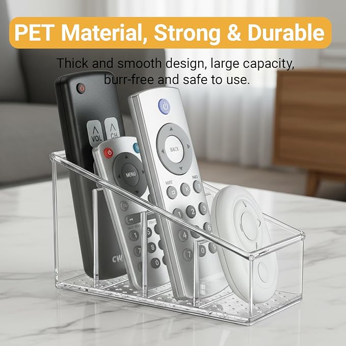 TV Remote Holder, Remote Holder for Table, Remote Control Caddy, Clear PET Remote Control Organizer with 4 Storage Compartments, Mini Desktop Remote Storage for Household, Bedside, Living Room (2)