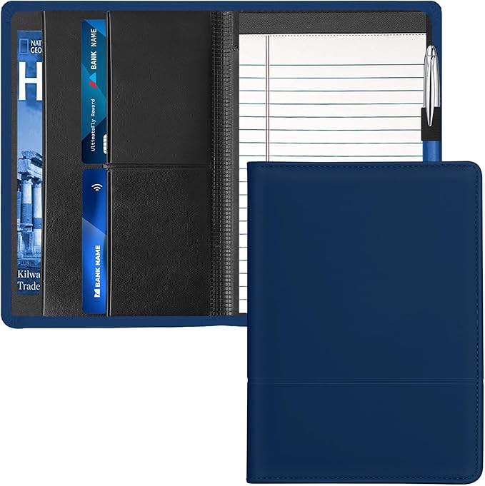 A5 Padfolio Business Portfolio Folder,Junior Size Document Folder Organizer, Padfolio with Interior Pocket and Pen Loop, 5 x 8 Writing Pad Included, Navy Blue