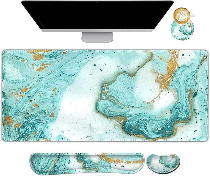 ARTSO Large Gaming Mouse Pad, Keyboard Wrist Rest Pad & Wrist Support Mousepad Set, Stitched Edge, Extended, Non-Slip Base, Memory Foam Desk Mat 4pcs for Office & Home, Teal Turqoise Marble