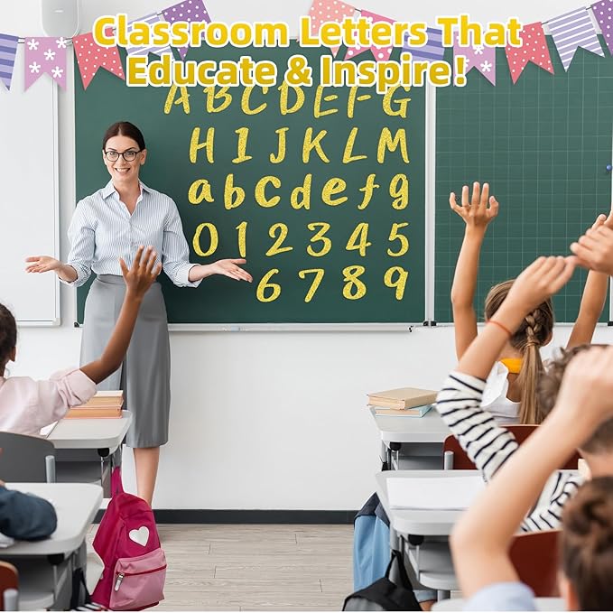 273 Pcs 4 Inch Glitter Bulletin Board Letters Set - Poster Board Letter Cutouts with Alphabet, Symbols, Numbers, Storage Bag - Classroom Decor, DIY Projects, Teacher Supplies, Office (Gloden Yellow)