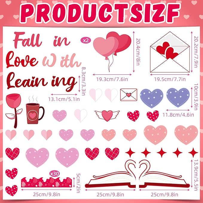 83Pcs Valentine's Day Red Heart Bulletin Board Decoration Set February Fall in Love with Learning Theme Cutouts for Classroom Pink Red Heart Church School Home Chalkboard Wall Door Party Decor