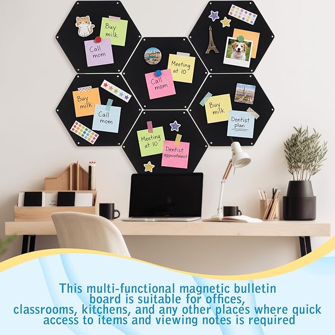 LEIFIDE 6 Pcs Black Magnetic Board 12 x 10 Inch Wall Mounted Hexagonal Magnet Bulletin Board Suitable for Displaying Notes Memos Photos Office Supplies Kitchenware Vision Boards, Equipped with Screws