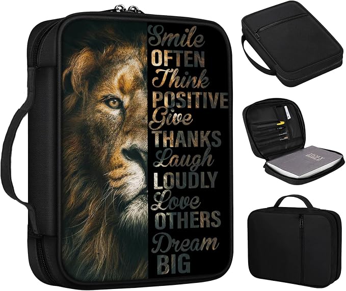 Bible Cover, Lion Positive Quote Bible Case with Handle and Zippered Pocket Standard Size Holy Bible Bag Women Gifts, Church Bag Portable Bible Carrying Book Case for Bible Study