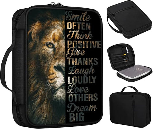 Bible Cover, Lion Positive Quote Bible Case with Handle and Zippered Pocket Standard Size Holy Bible Bag Women Gifts, Church Bag Portable Bible Carrying Book Case for Bible Study