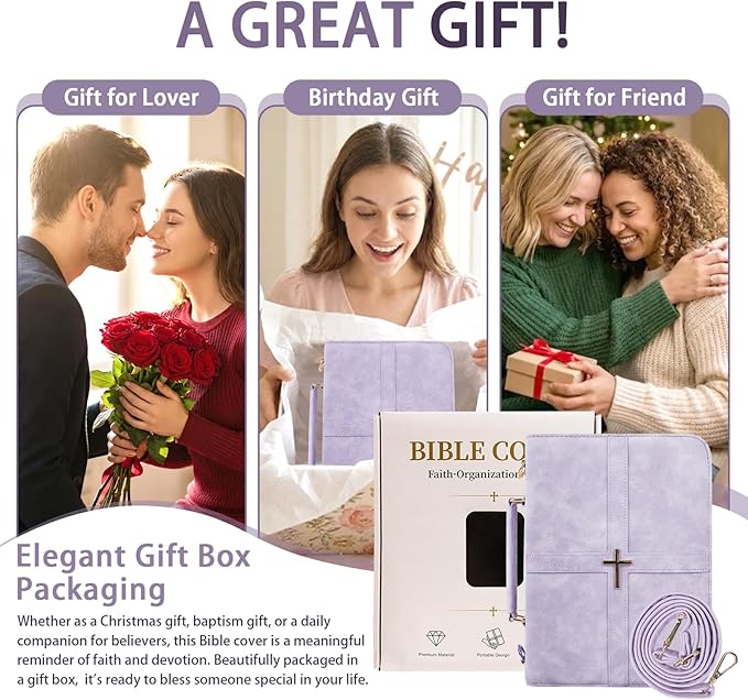 Classic Leather Bible Cover Case with Cross Design and Handle & Shoulder Strap for Women, Durable Bible Study Supplies Organizer Carrying Bag, Christmas Gifts for Christians with Gift Box（Purple