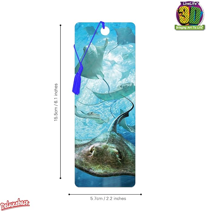 3D LiveLife Bookmark - Sting Rays from Deluxebase. Cute Lenticular Sting Ray Page Marker. Animal Themed Accessories for Book Lovers. Small Gifts for Men, Women, Writers and Teachers.