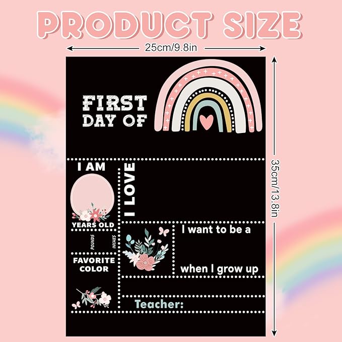 Whaline First and Last Day of School Chalkboard Cute Double-Sided Board Sign Back to School Boho Rainbow Flower Reusable Erasable Photo Prop for Students from Pre-K to College, 13.8 x 9.8 Inch