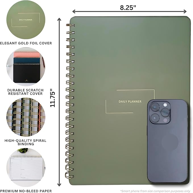 Undated Daily Planner | 8.25” x 11.75” To Do List Notebook | Work Productivity ADHD Organizer | Men and Women Planner | College Supplies | Black | Portrait Layout