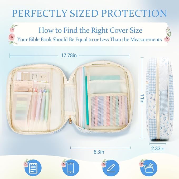 Bible Cover Case for Women Large Quilted Bible Carrying Bag with Handles Bible Study Supplies & Accessories Christian Gifts for Women(Cotton-Blue, M)