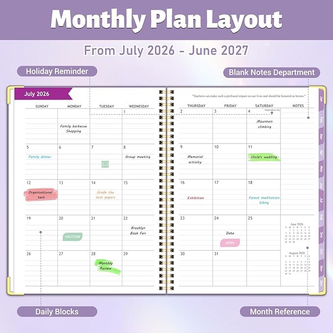 Teacher Planner 2026-2027, Jul 2026-Jun 2027 Academic Year, 8.5" x 11" Lesson Planner Book for Teachers Calendar, Spiral Bound Planners, Colorful Monthly Tabs, Hardcover, Corner Protectors - Purple