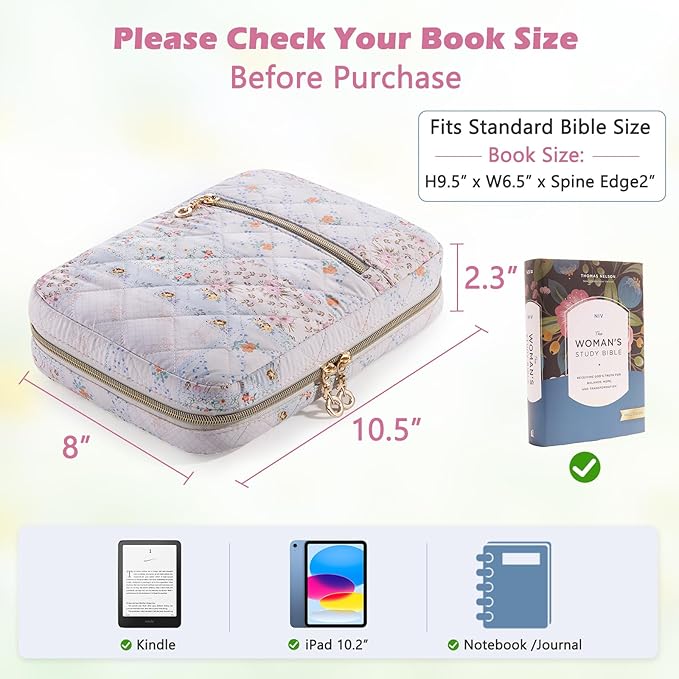 Bible Cover for Women - Soft Bible Case - Carrying Book Case for Bible Accessories - Bible Holder Case for Women - Girls Bible Bag - Bible Carrier - Bible Sleeve - Church Bag