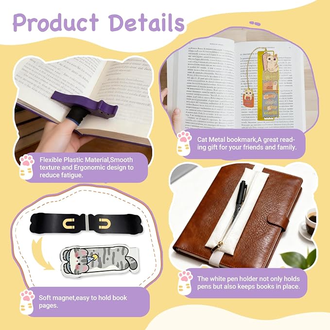 Cat Bookmark with Thumb Book Page Holder,Pen Holder,and Cat Magnetic Bookmark,Metal Book Mark for Reading,Book Accessories As for Cat Lover Gifts,Cute Bookmarks for Women,Girls,Teens and Book Lovers