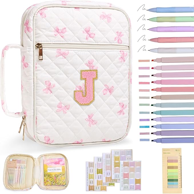 Initial Bible Cover Case for Women Girls Kid Large Bible Cover with Durable Handle Quilted Bible Carrying Case for Girls Bible Study Supplies Accessories (Pink Bow J, one Size)