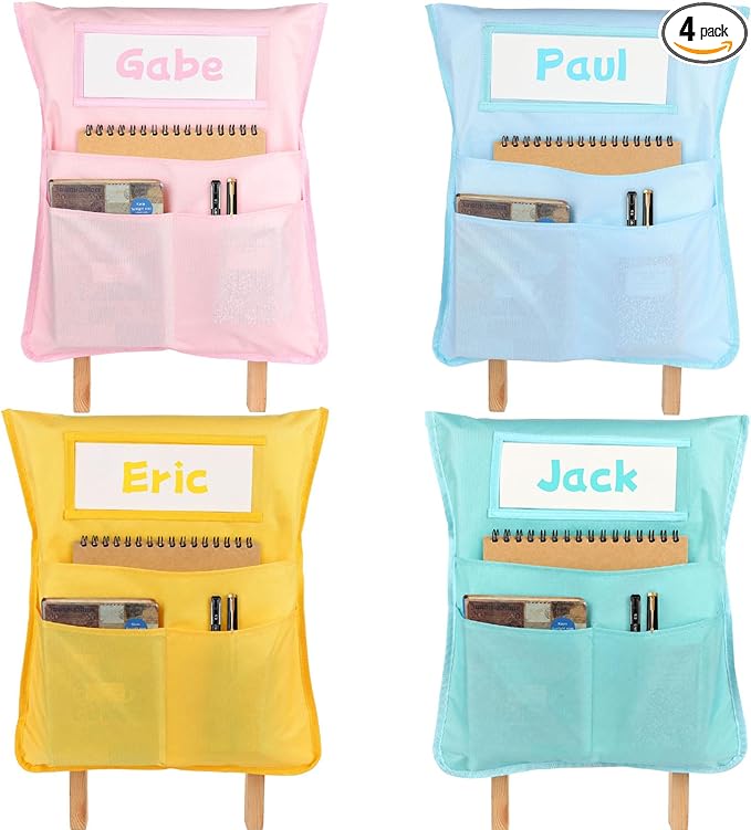 4pcs for Classroom 16.3x19.7inch Classroom Chair Pockets with Name Tag 3 Pockets Chair Organizer for Teacher Student School Office(Pink Purple)