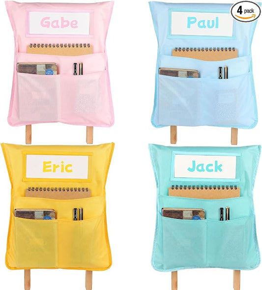 4pcs for Classroom 16.3x19.7inch Classroom Chair Pockets with Name Tag 3 Pockets Chair Organizer for Teacher Student School Office(Pink Purple)
