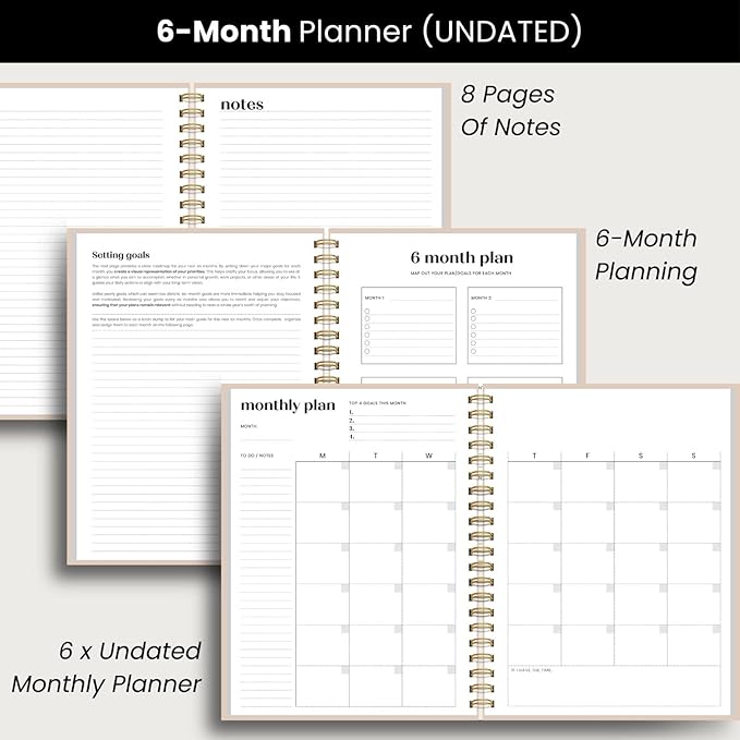 Undated Daily Planner | 2026 Calendar | Large Daily and Monthly Planner with Hourly Schedule, 8.5" x 11" | 6 Month, Full Page a Day, To do List, Time Blocking, Beige Aesthetic Hardcover Spiral Notebook