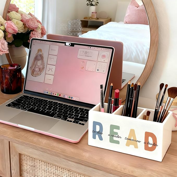 Book Lovers Gifts Pen Holder, Book Reader Gifts Pencil Holder for Desk, Boho Read Today a Reader Tomorrow a Leader Wooden Box Sign Decorations for Reading Room Classroom Desk Tabletop