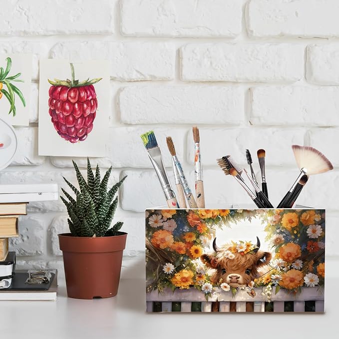 Highland Cow Floral Pen Holder for Desk, Highland Cow Gifts Pencil Organizer, Farmhouse Wildflower Heifer Wooden Box Sign Desk Decor for Girls Nursery Home Office Decoration