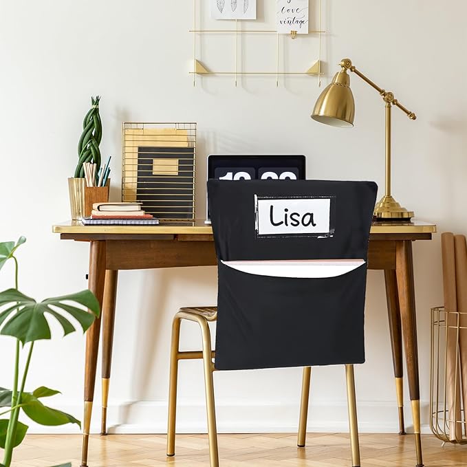 24 PCS Chair Pockets for Classroom, 20 x 17 Inch Large Chairback Storage Pockets for Classroom Students with Name Tag Classroom Organizer for Keeping School Table Organized Black