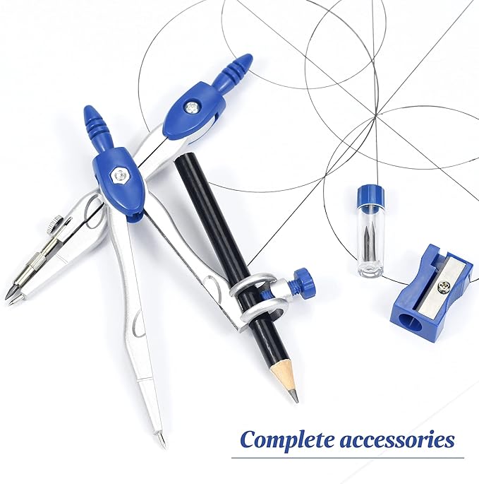 Vobou Math Geometry Kit Sets 10 Piece Student Supplies with Shatterproof Storage Box,Includes Rulers,Protractor,Compass,Eraser,Pencil Sharpener,Lead Refills,Pencil,for Drafting（Navy Blue）