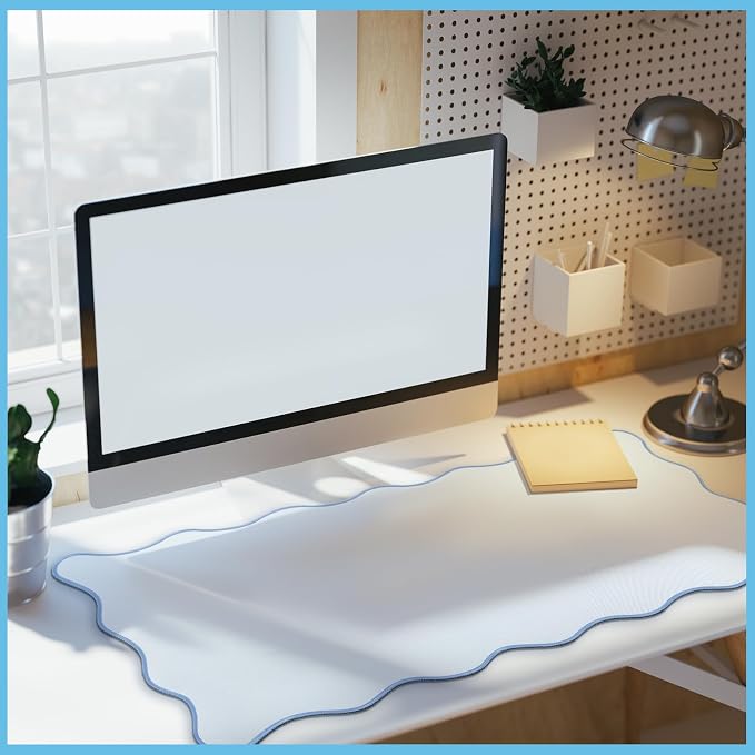 Hahafelt Scalloped Desk Mat Large Desk Pad Cute Coquette Table Mat Back to School Preppy Table Make up Pad Nonslip Graduation Gift with Stitching Waterproof Gaming(Blue,36 x 17 Inches)