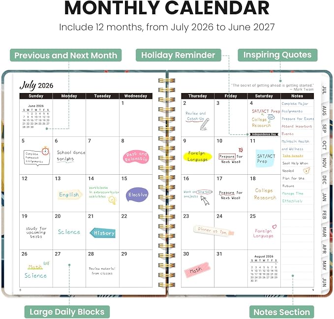 Planner 2026-2027, Monthly and Weekly Calendar Academic Planner July 2026 - June 2027, Hardcover Student Teacher Planning Agenda Book with Tabs, Perfect for Office School Supplies, A5 (6.3" x 8.5") - Beach Cats