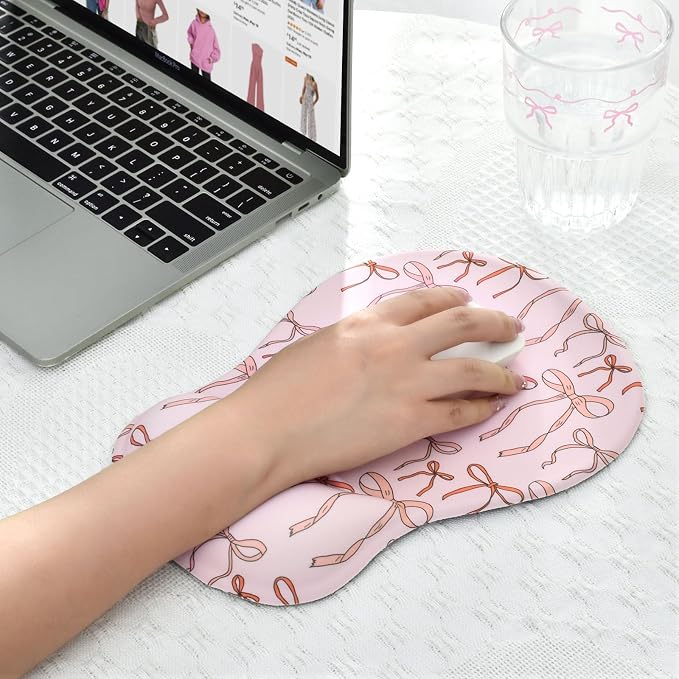 Cute Bow Mouse Pad Wrist Support Wrist Rest, Ergonomic Mouse Pad with Non-Slip Base for Office Gaming Working Computers, Desk Accessories Workspace Organizers,Light Pink Bow Knots