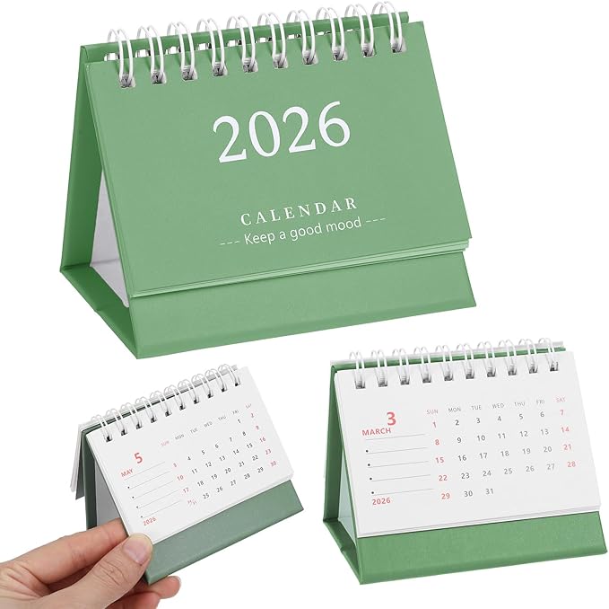 Tyqour Small Desk Calendar 2026 Mini Desk Calendar Cute Standing Flip Desktop Calendar 2026 Metal Ring Binding, Compact Size for Home Office School (Green)