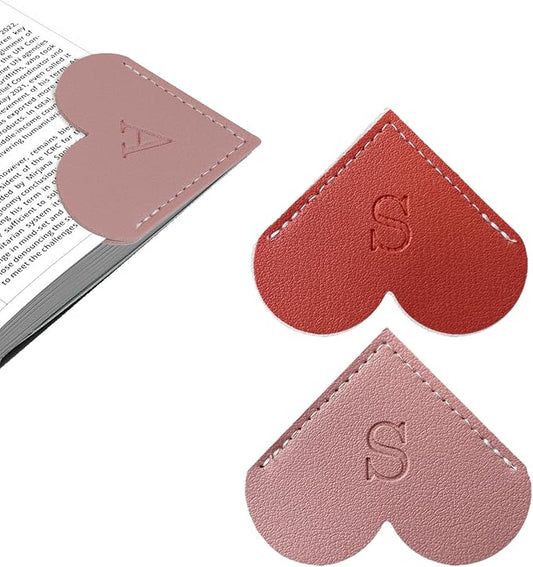 2Pcs Personalized Leather Heart Bookmark with Initial, 26 Letters Custom Corner Page Book Mark for Reading Women, Book Lovers, Teachers, Students, Cute Book Accessories Gifts(Red+Dark Pink, S)
