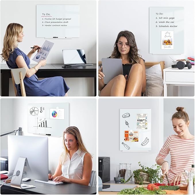 Magnetic Glass Whiteboard for Wall, 16" x 12" Glass Dry Erase Board, Frameless White Board for Home and Office - Normal White