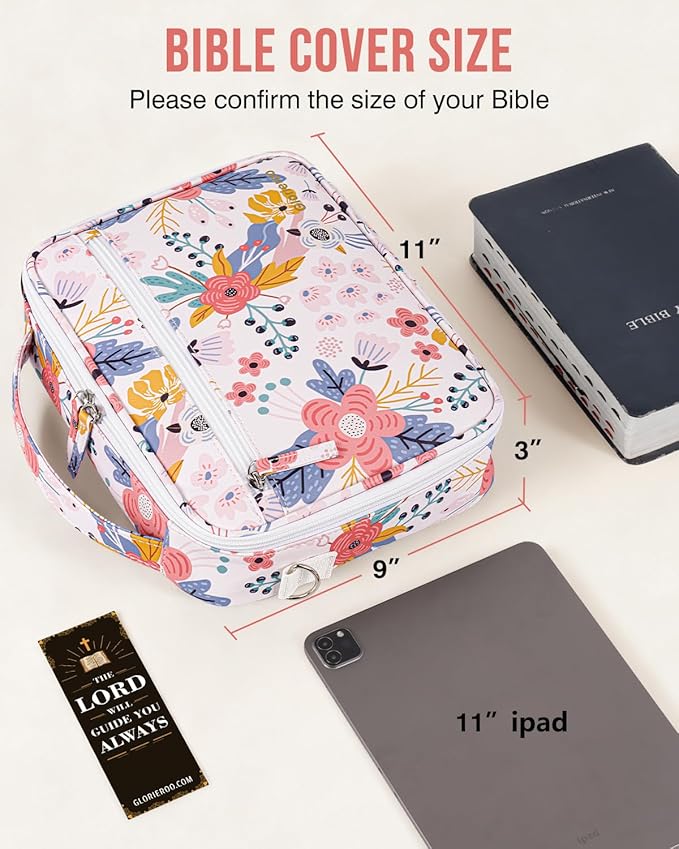 Bible Cover for Women, Large Vegan Leather Bible Case with Shoulder Strap, Mothers Day Christian Gifts for Mom & Wife, Planner Case（Bloom,Large