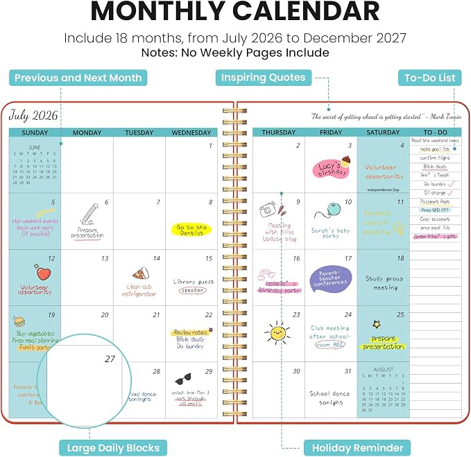 Monthly Planner 2026-2027, 18 Months Calendar Planner 2026-2027, Runs from July 2026 - December 2027, 7" x 10", Perfect for School Office Home Planning - Tomato Red