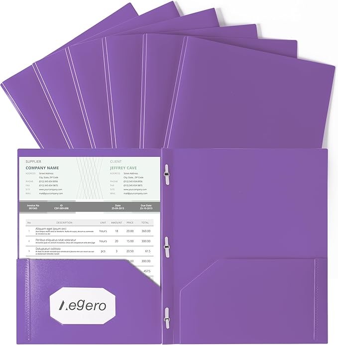 Aegero Folders with Pockets and Prong with Fasteners (6 Pack,Purple),Durable Plastic Pocket Folders with Prongs,Tear Resistant,2 Pocket 3 Prong Folders for Schoolwork & Office,Letter Size