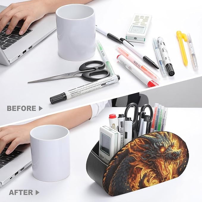 Pu Leather Remote Control Holders Waterproof TV Remote Holder with 5 Compartments Fire Chinese Dragon Remote Caddy Box Desktop Storage Organizers for TV Remotes/Media Controllers/Office Supplies