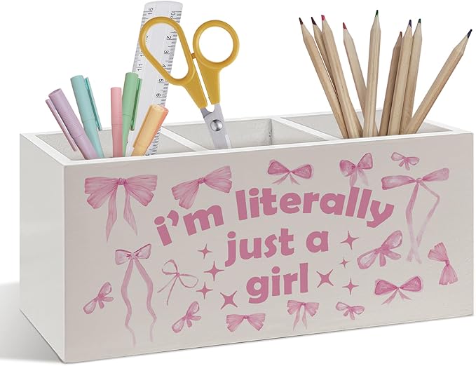 Pink Coquette Bow Pen Pencil Holder, Preppy Room Decor, Girly Desk Accessories, I'm Literally Just a Girl Wooden Pen Pencil Organizer for Girls Room Dorm Bedroom Office Desk Decor