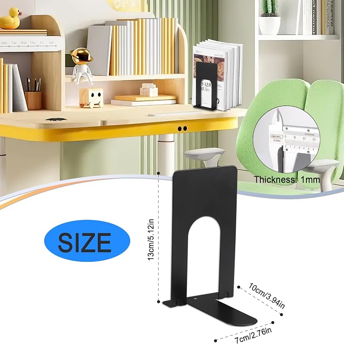 JIANTA Small Book Ends, Bookends for Shelves, Heavy Duty Metal Bookends, Black Non-Skid Bookshelf Holder Stand for Home, Office, Library, School (5.1 x 3.9 x 2.7 in, 6 Pairs)