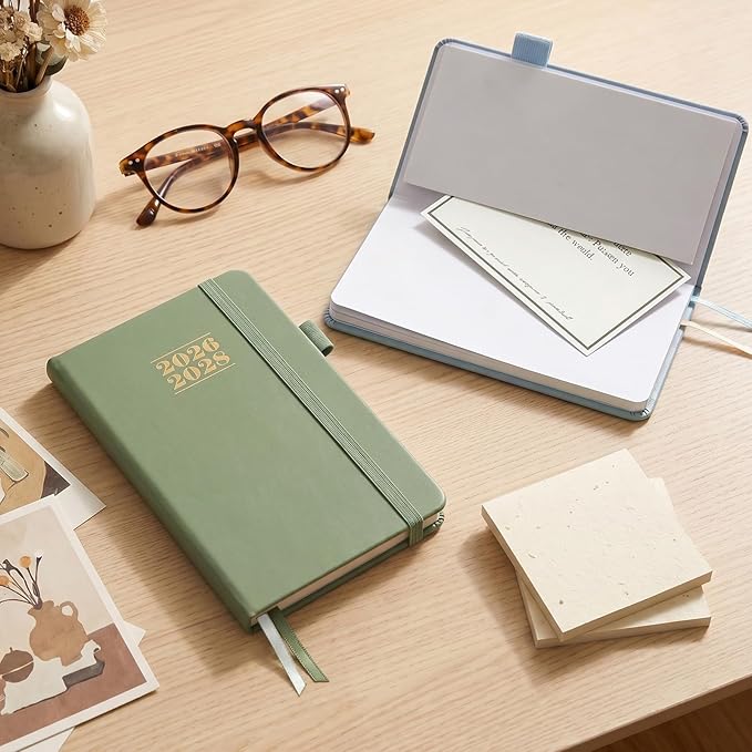 KONVINIT Pocket Calendar 2026-2028, 24-Month Pocket Calendar 2027 Planner Runs from July.2026 Until June.2028, Green PU Monthly Planner with Inner Pocket, Pen Loop, Elastic Closure for School & Office Supplies, 3.54”×6.69”