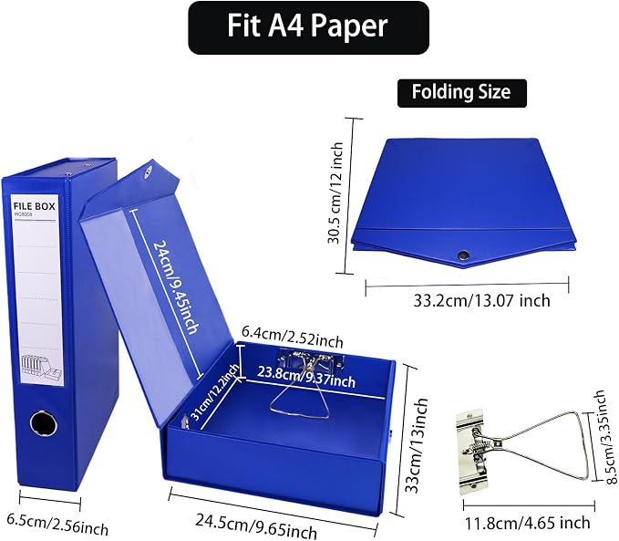 6 Pack Foldable Plastic Box Files A4 with Metal Clip,65mm Spine,Document Archive Folders for Office（Blue）