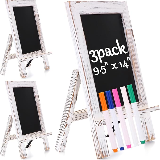 Harloon 3 Pack Christmas Office Products Framed Tabletop Chalkboard Sign 9.5" x 14" with Built-in Ledge and Folding Stand with 5 Chalk Marker for Wedding Kitchen School Birthday(Whitewash)