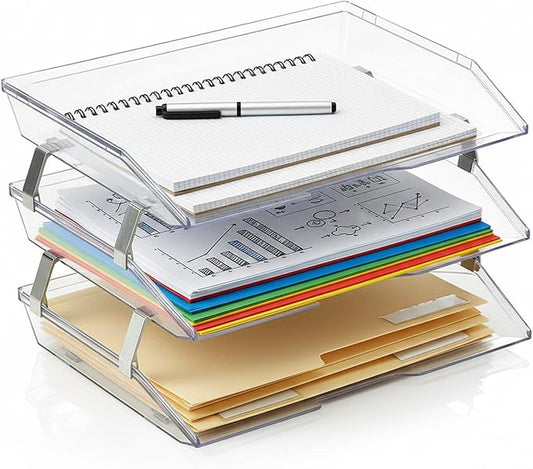 Acrimet 3 Tier Paper Tray Organizer, Stackable Desk File Organizer for Documents, Mail, Letters and Letter Size Paper, Desktop Organizer for Home Office, School and Classroom, Plastic, Crystal Clear