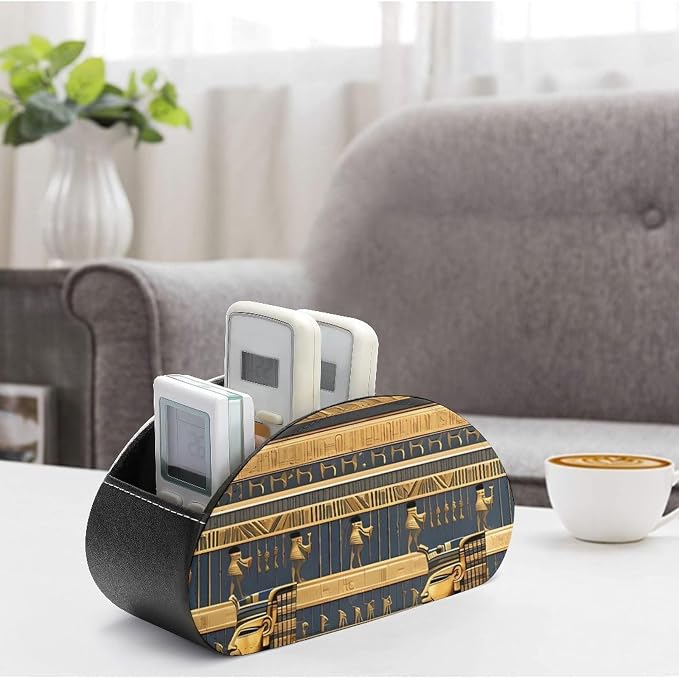 Egyptian Pharaonic Frescoes Remote Control Holder PU Leather Remote Caddy TV Remote Storage Box with 5 Compartments Pencil Storage Box Makeup Brush Holder Office Supplies