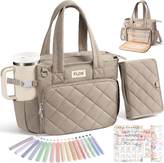 Large Bible Bag w/Bible Cover Case for Women, Puffer Bible Tote Bag Quilted Church Bag Carrying Case w/Shoulder Strap, Bible Study Supplies Journaling Kit Accessories Women Christian Mothers Day Gifts