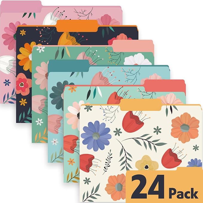 24 Pack Decorative File Folders, 1/3 Cut Tab Floral Colored Folders Letter Size 8.8 x 11.6 Inch, Assorted 6 Styles Filing Folder for Office School Business