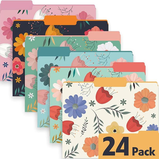 24 Pack Decorative File Folders, 1/3 Cut Tab Floral Colored Folders Letter Size 8.8 x 11.6 Inch, Assorted 6 Styles Filing Folder for Office School Business