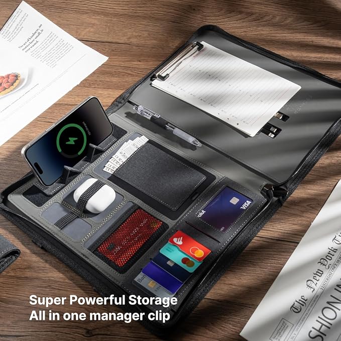 Zipper Padfolio, Portfolio Binder Organizer with 8000mAh Power Bank, Portfolio for Resume, Documents, Phone, Tablet, Business Supplies, Notebook Organizer with Wireless Charging