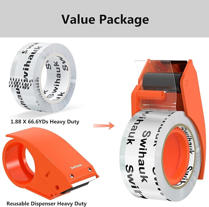 Swihauk 1.88 in x 66.6 YDs Heavy Duty Packing Tape with Dispenser, Strong & Durable Shipping Tape, Packaging Tape, Clear Package Tape for Shipping Moving Storage and Mailing, 1 Roll + 1 Dispenser