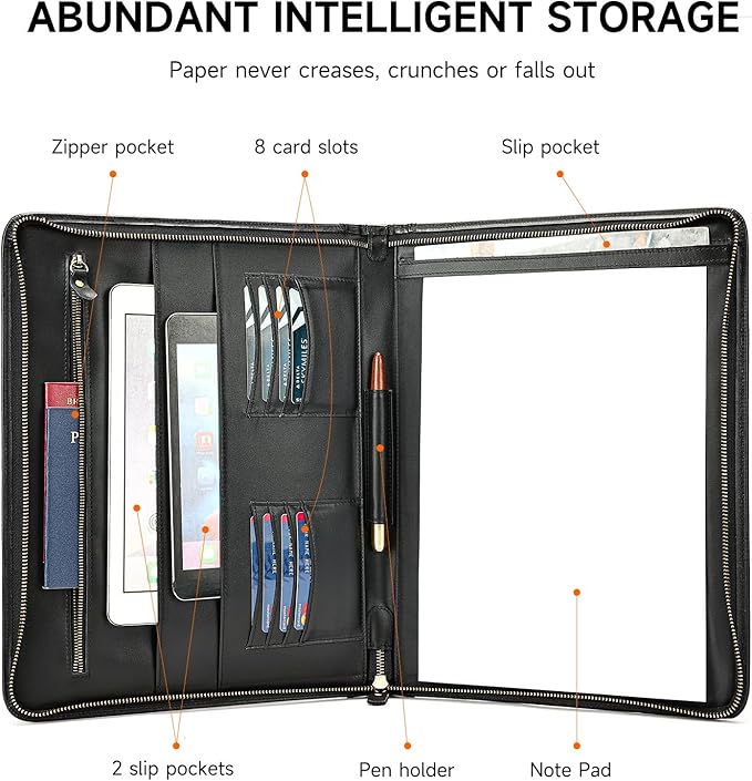 Genuine Leather Portfolio for Men Women Zipper Business Resume Padfolio Organizer Binder A4 Meeting Folder 13 inch black