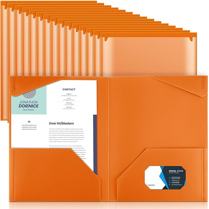 Henoyso 36 Pack Orange Plastic Folders with Clear Front Pockets Heavy Duty File Folders with 2 Pockets and Card Slot for Student Communication School Office Presentation Report